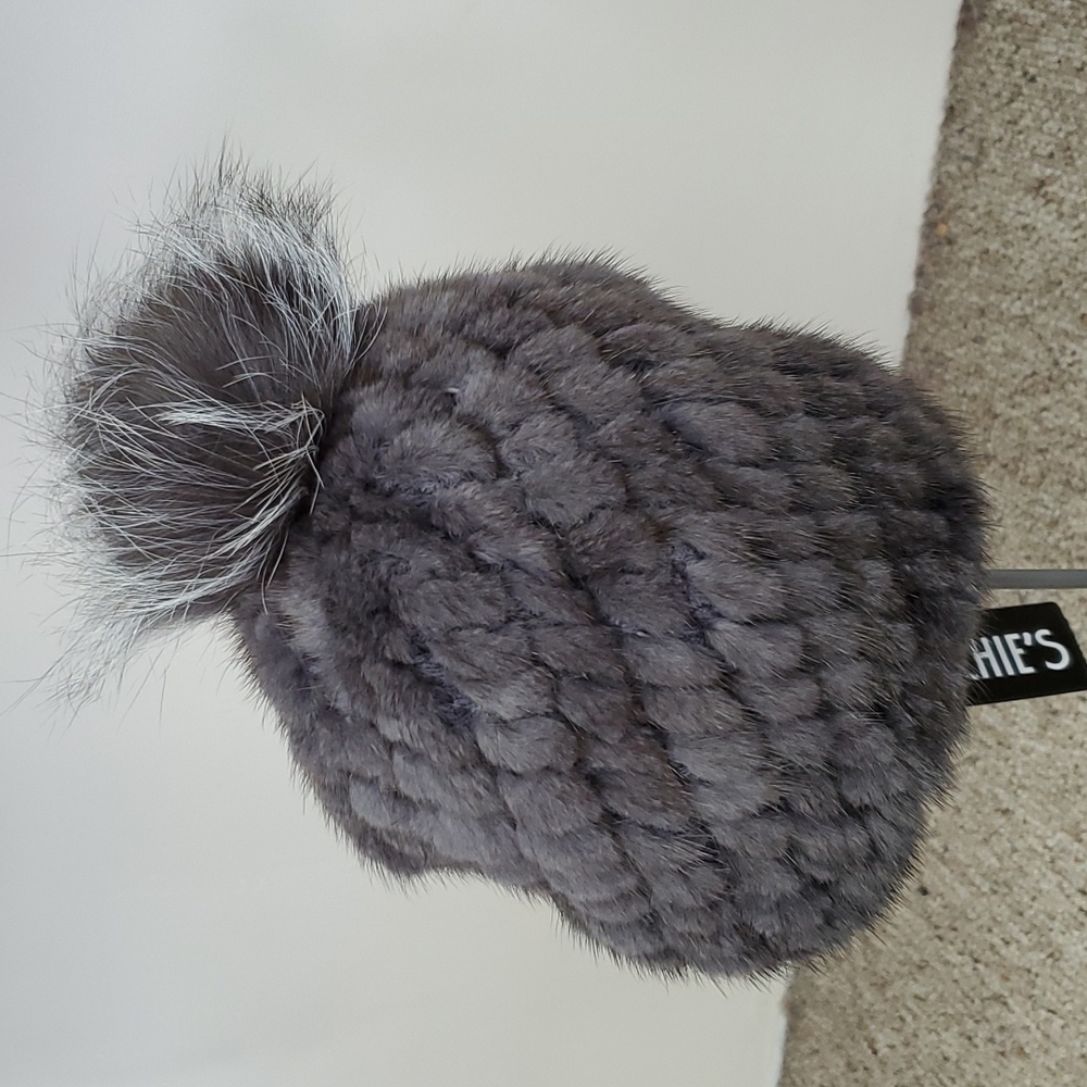 Knitted Mink Fur Beanie with Fox Pom